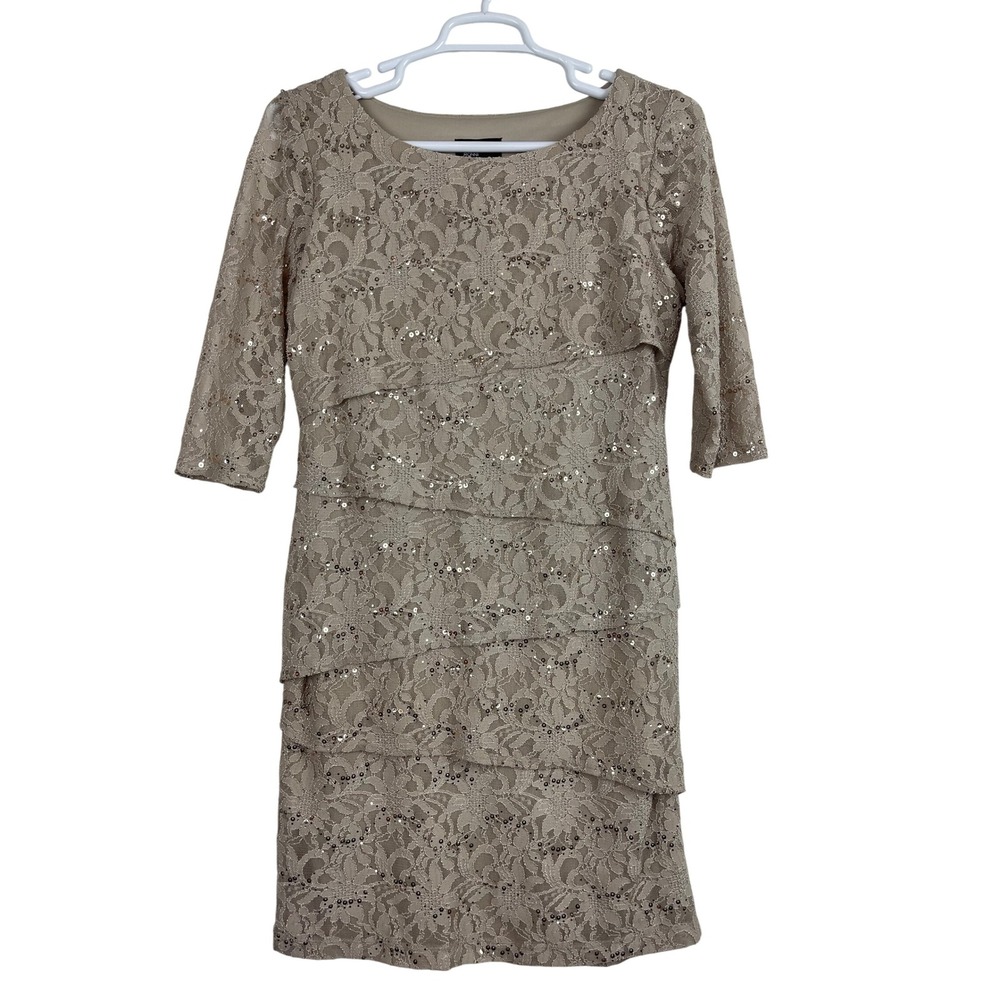 00490-Ronni Nicole Beige Sequin Lace Tiered 3/4 Sleeve Knee Length‎ Dress Sz12